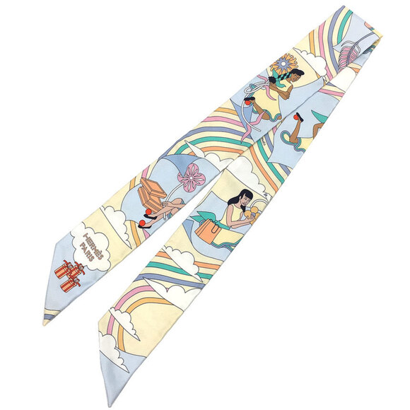 HERMES Accessories - HERMES Twilly Scarf Muffler CARRES VOLANTS Flying Carre 2022 Jaune Souffle/Ci...